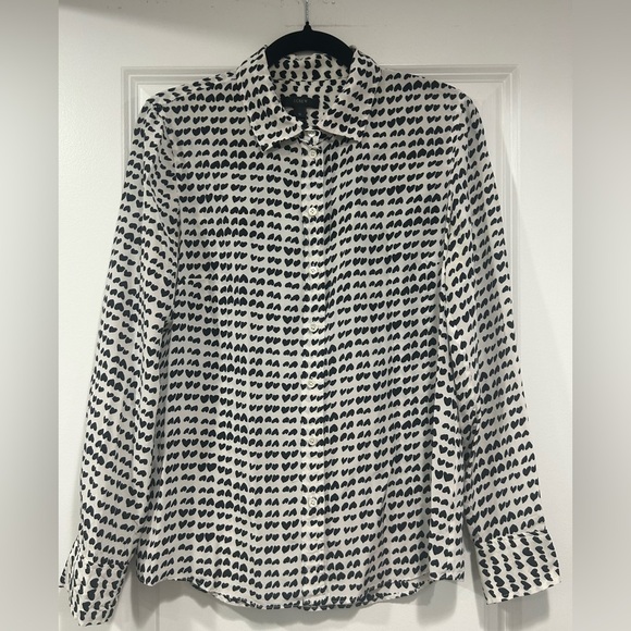 J. Crew Tops - EUC J. Crew 100% Silk Black and White Heart-Print Button-Down Shirt